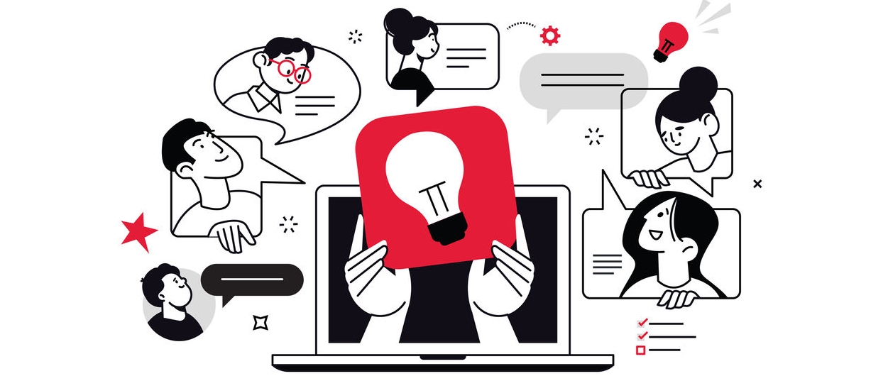 illustration of people sharing ideas and connecting through laptop